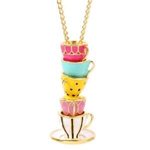 Adorable Hand Painted Enamel Teacups Stacked Necklace